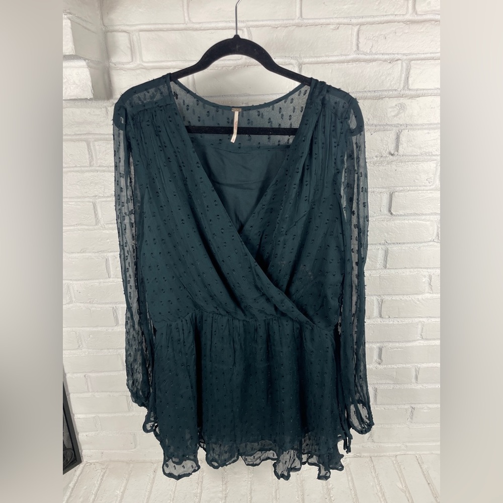 Free People Dahlia dark‎ teal swiss dot mini dress M feminine boho cottagecore